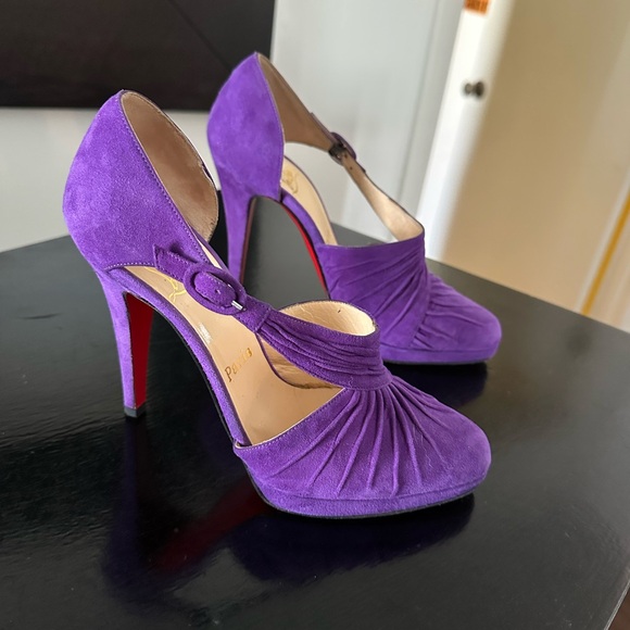 Christian Louboutin Purple Suede Peep-Toe Mary Jane High Heel Pumps - Picture 3 of 6